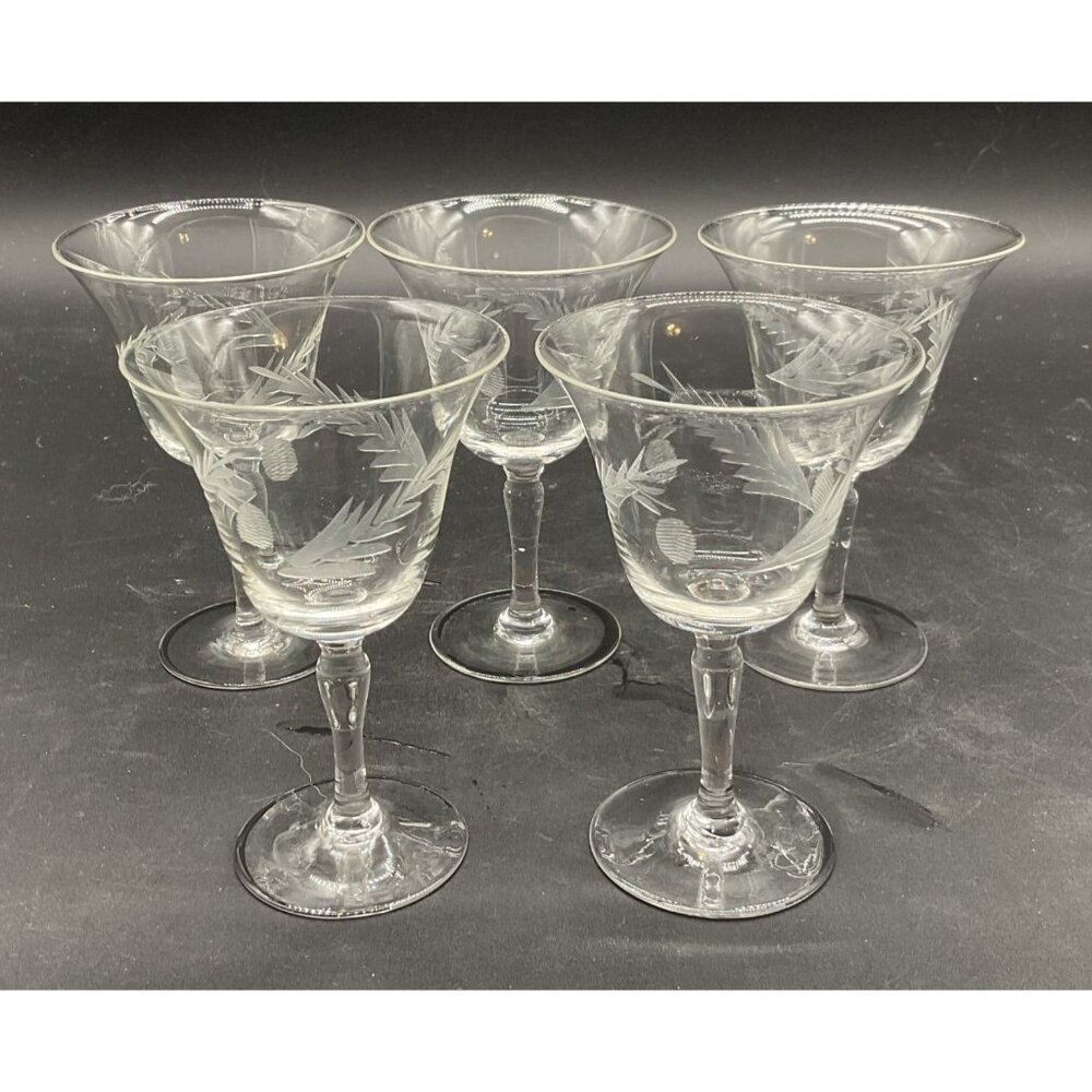 Set Of 5 Vintage Etched Crystal Cocktail Liquor Glasses 4.5"H x 3"D